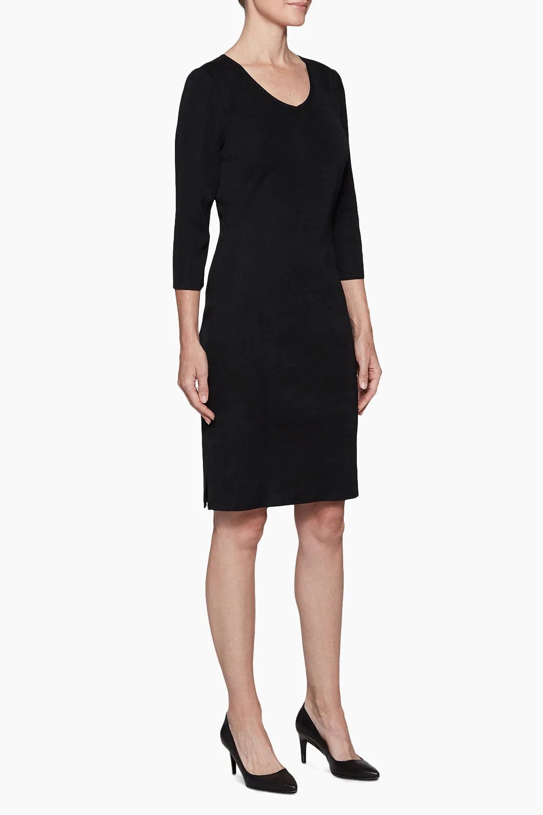 3/4 Sleeve V-Neck Knit Dress, Black