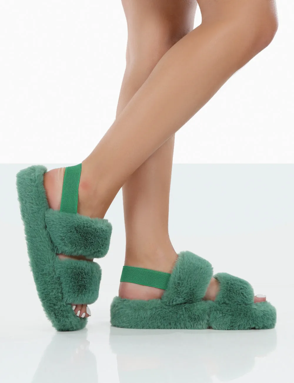 Bed Time Green Faux Fur Fluffy Strappy Slingback Slippers