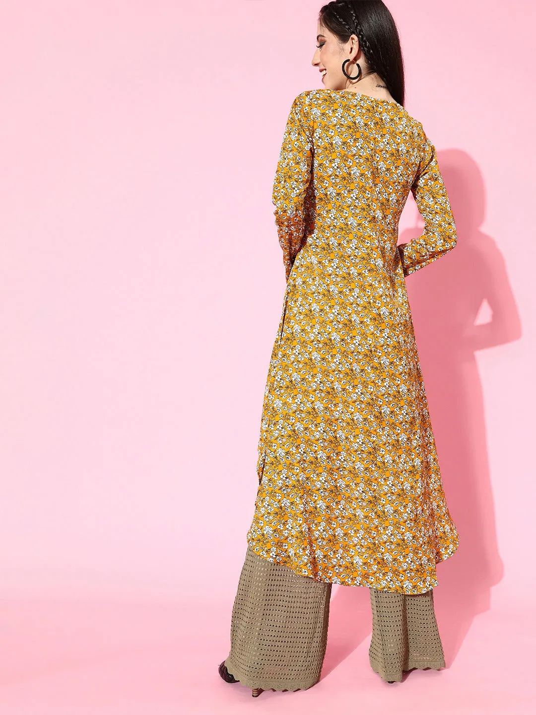 Berrylush Women Mustard Yellow Floral Printed High-Low Longline Top