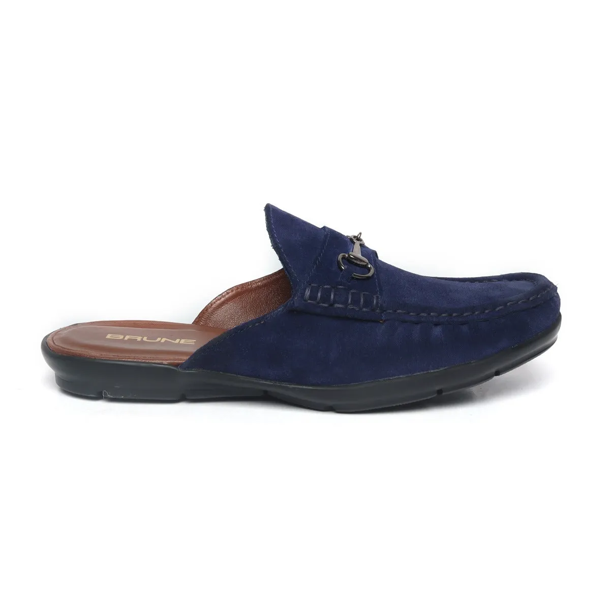 Blue Suede Leather Horse-bit Loafer Mules by Brune & Bareskin