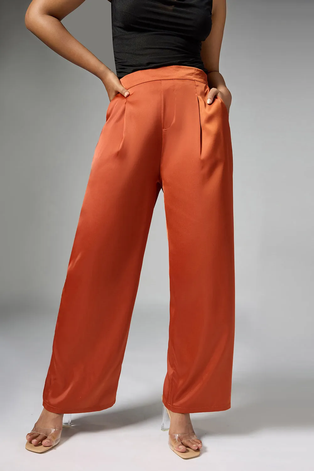 Caramel Rust Satin Straight Korean Pants