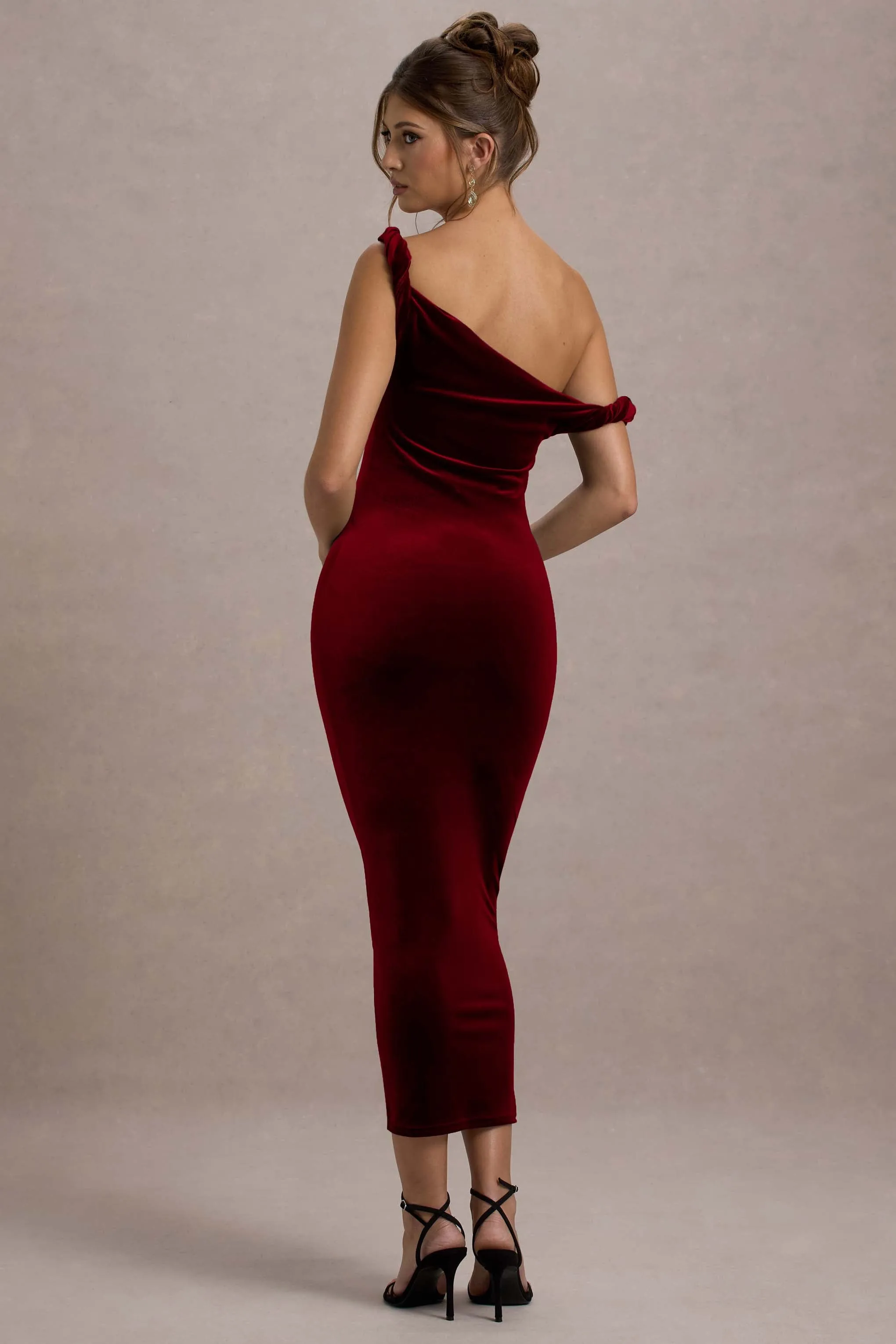 Carella | Berry Velvet Twisted Asymmetric Midi Dress