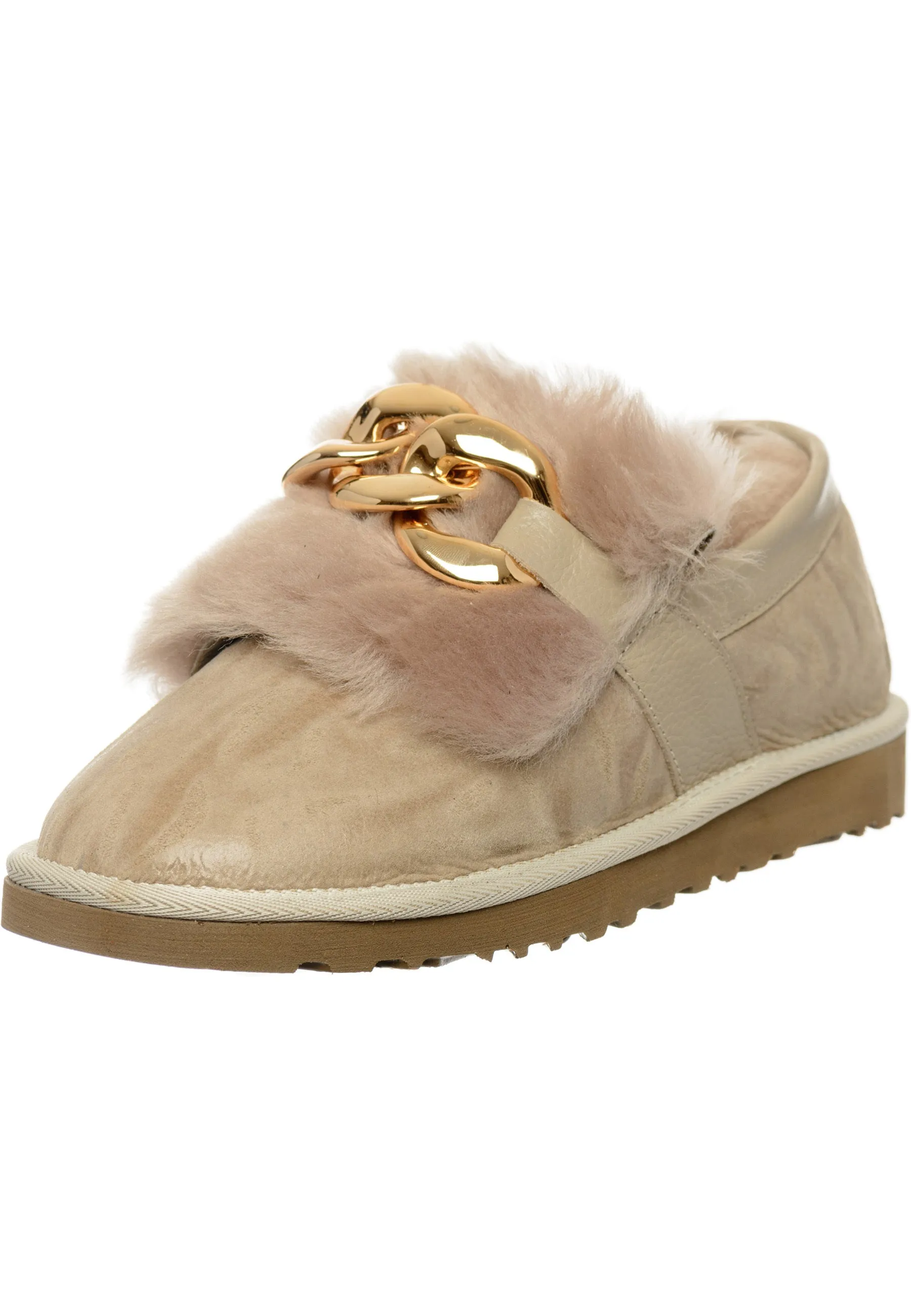 Chain Fur Lined Loafers - Beige