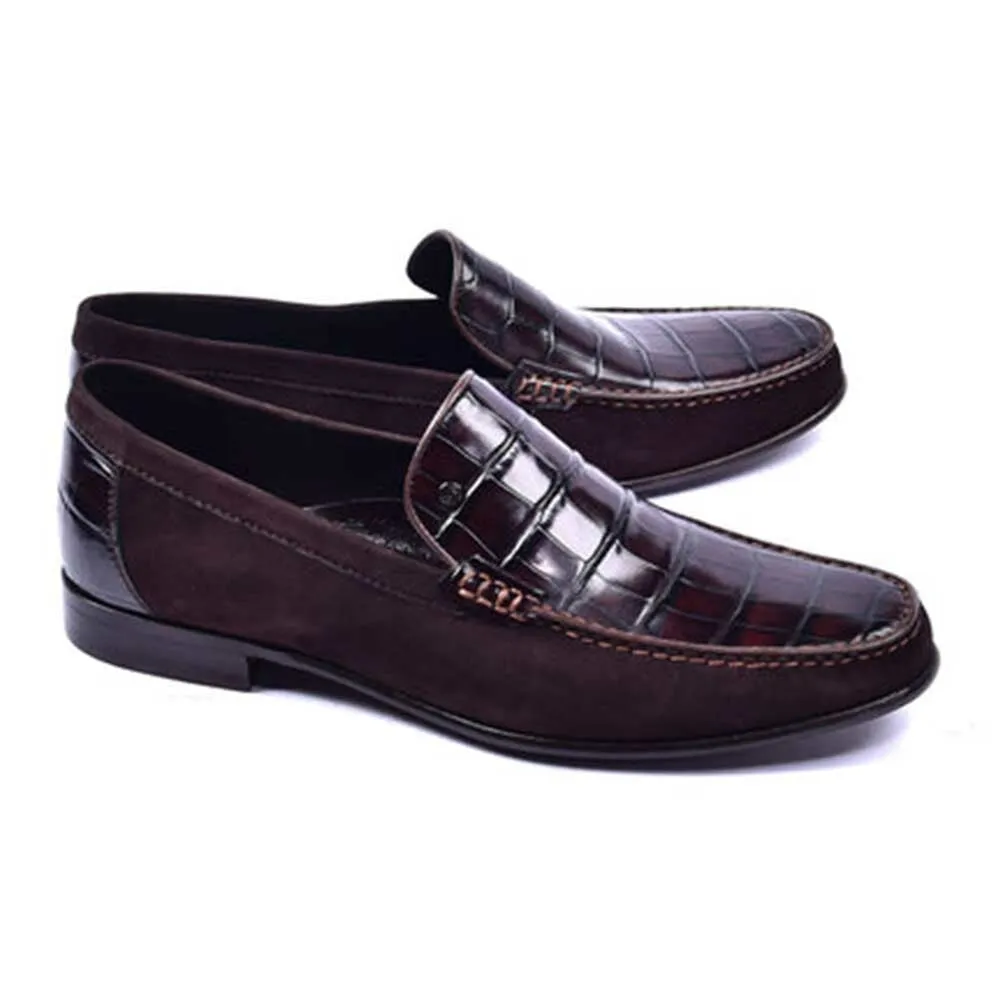 Corrente Jon Dark Brown Crocodile Print Leather & Suede Loafer for men