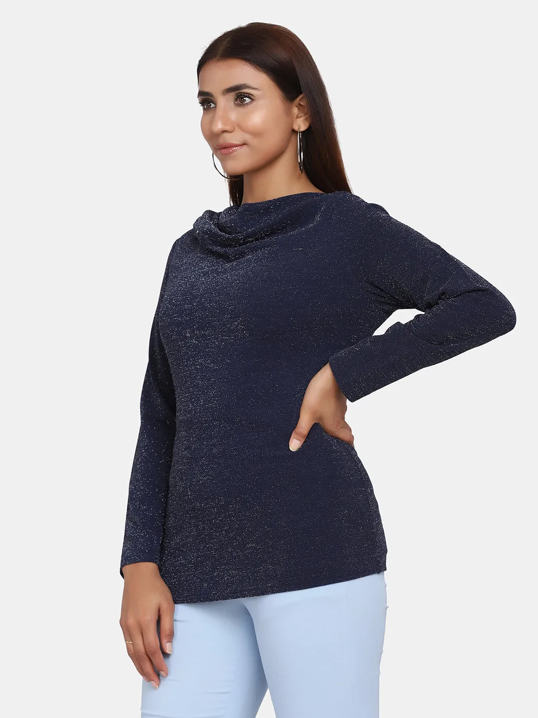 Cowl Neck Shimmery Top for Women - Navy Blue