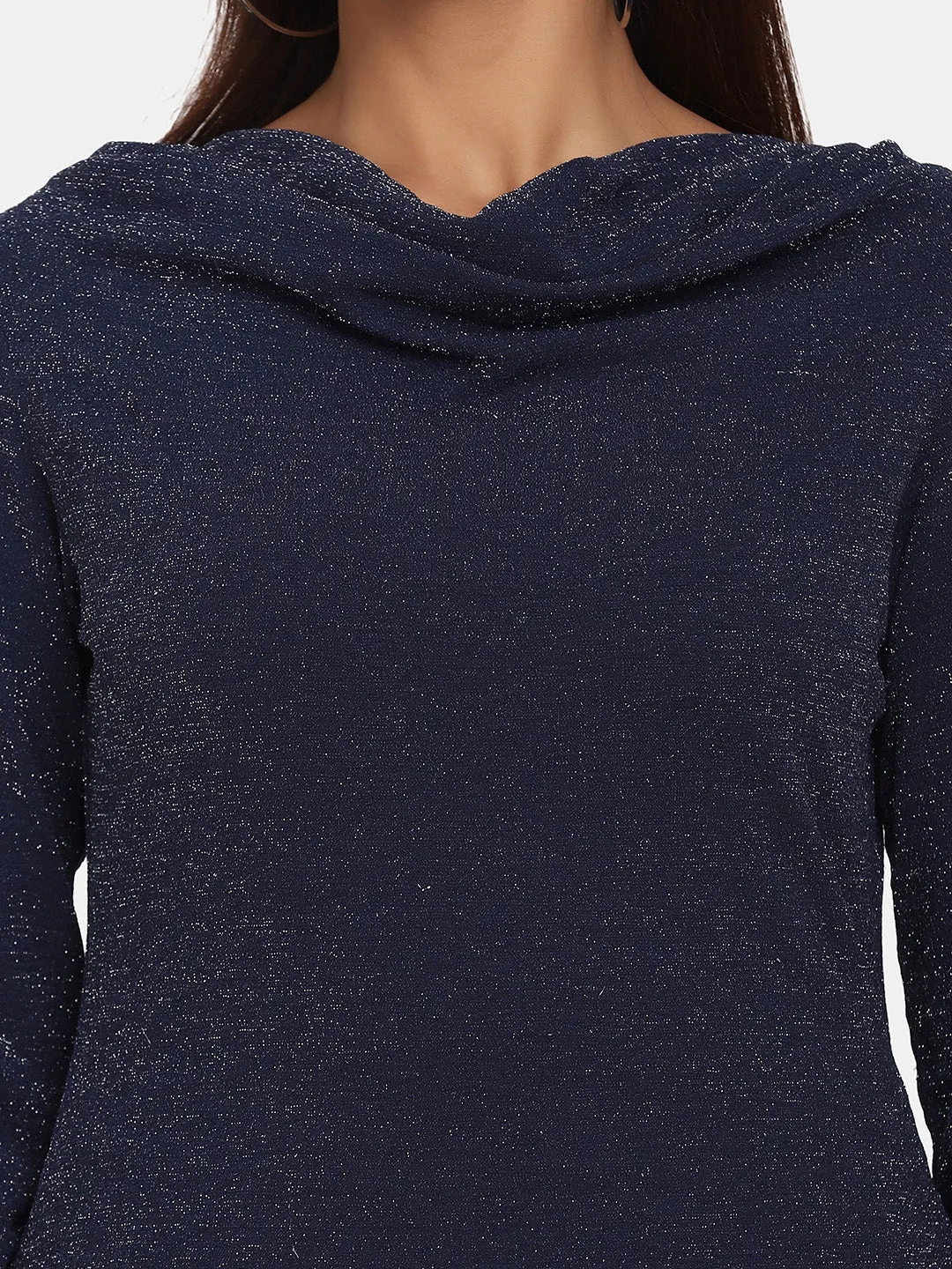 Cowl Neck Shimmery Top for Women - Navy Blue