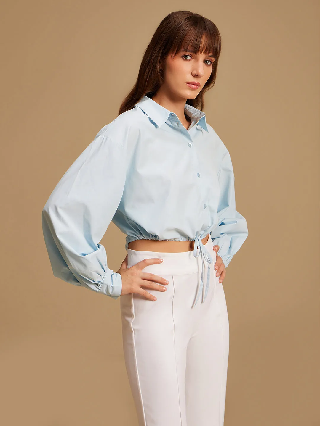 Cropped Shirt With Draw String Detail At Waist