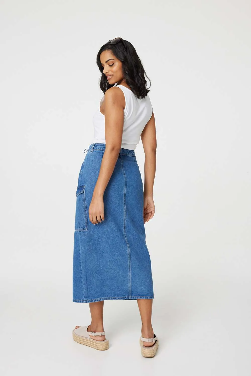 Denim High Waist Split Midi Skirt