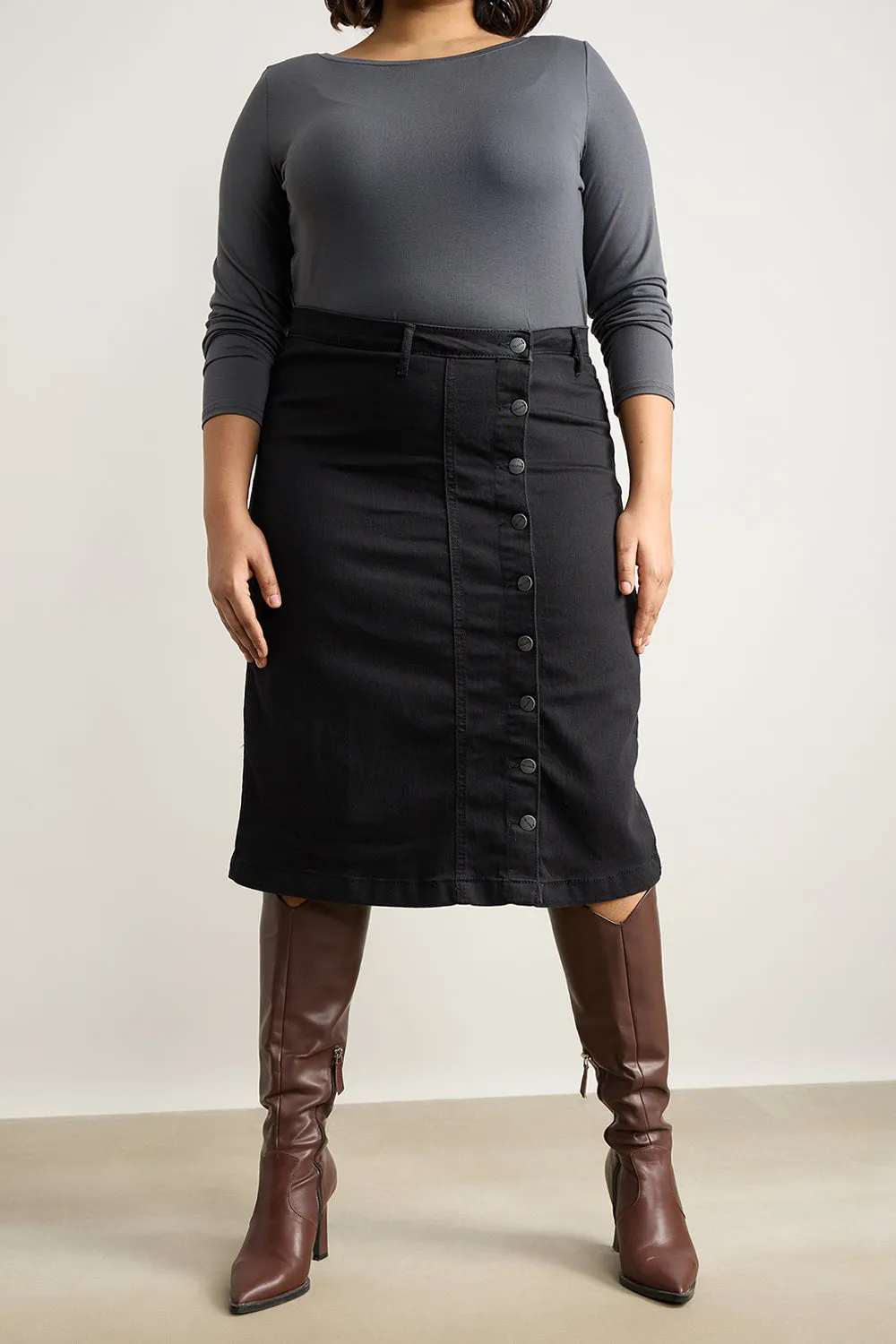 Denim Jet Black Curve Hug Skirt