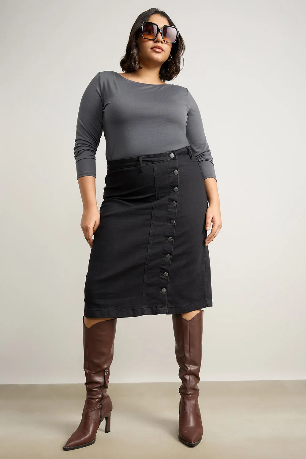 Denim Jet Black Curve Hug Skirt