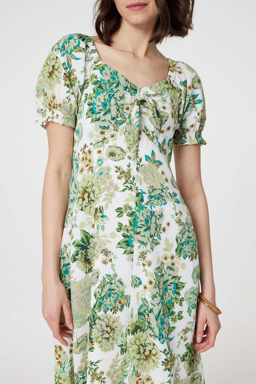 Floral Tie-Front Short Sleeve Midi Dress