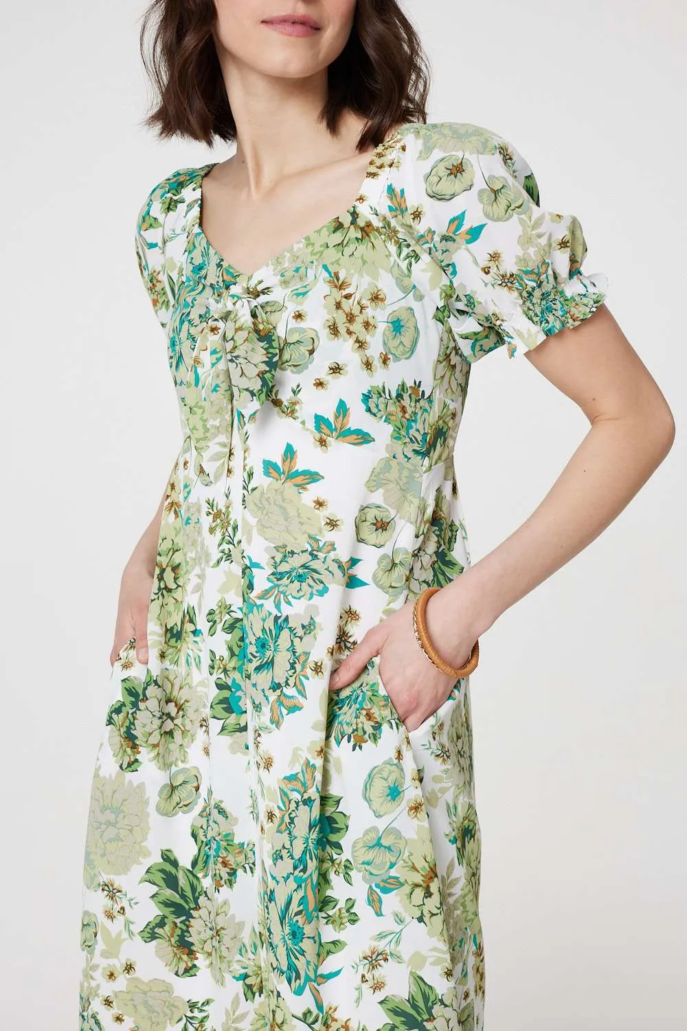 Floral Tie-Front Short Sleeve Midi Dress