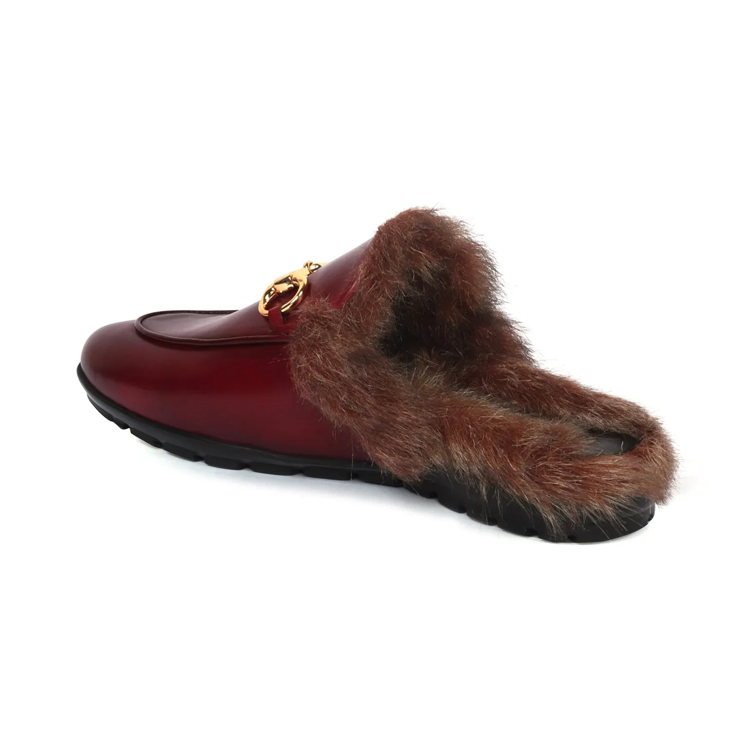 Furry Mules Light Weight Wine Leather Formal Horsebit Buckle With Slipper Opening at The Back (Summer Special) By Brune & Bareskin