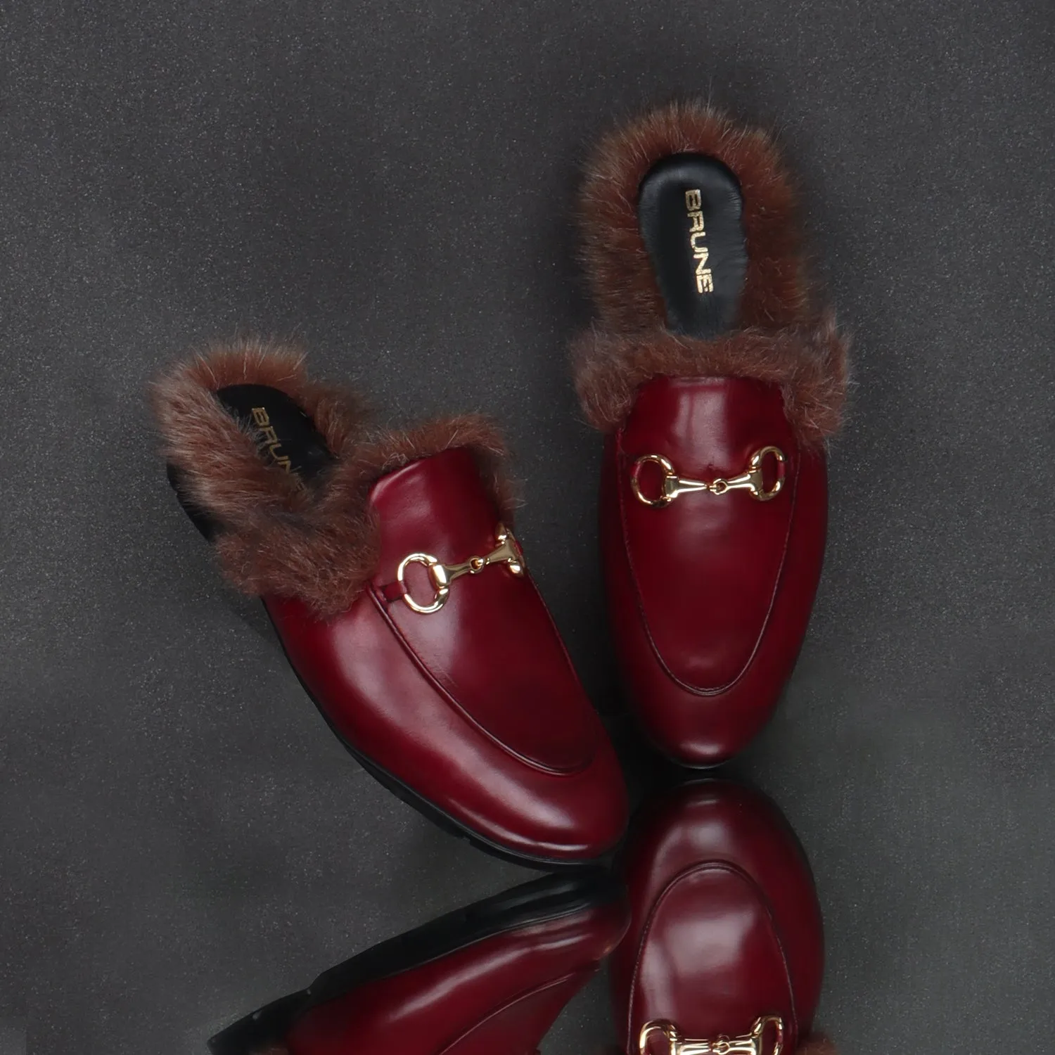 Furry Mules Light Weight Wine Leather Formal Horsebit Buckle With Slipper Opening at The Back (Summer Special) By Brune & Bareskin