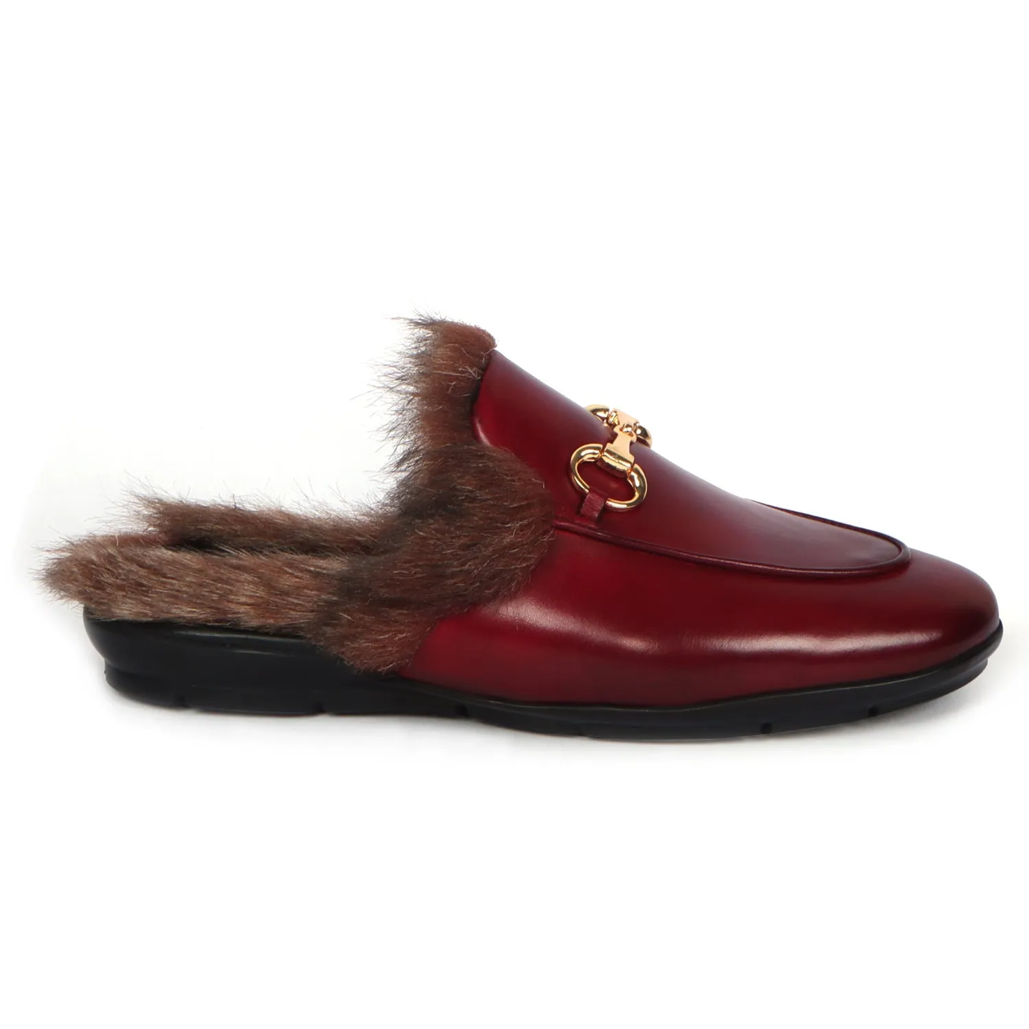 Furry Mules Light Weight Wine Leather Formal Horsebit Buckle With Slipper Opening at The Back (Summer Special) By Brune & Bareskin