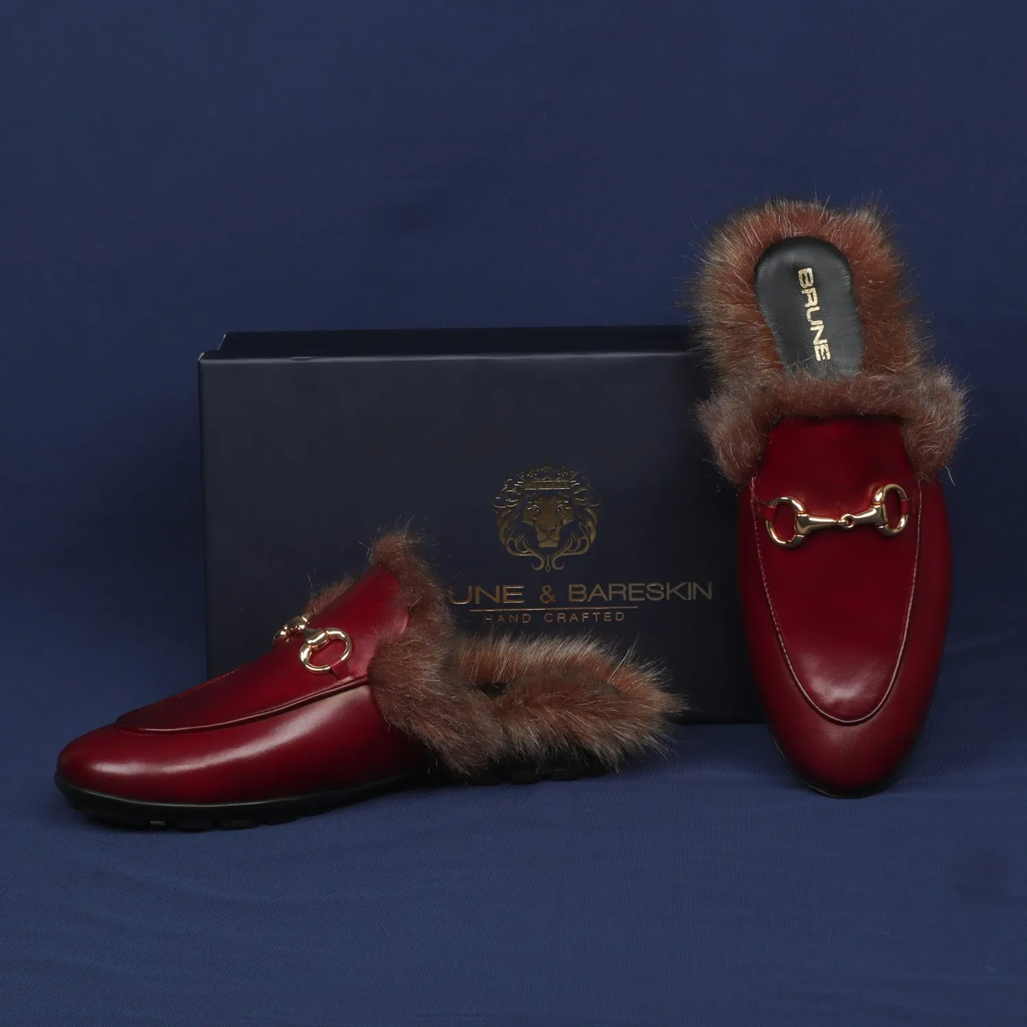 Furry Mules Light Weight Wine Leather Formal Horsebit Buckle With Slipper Opening at The Back (Summer Special) By Brune & Bareskin