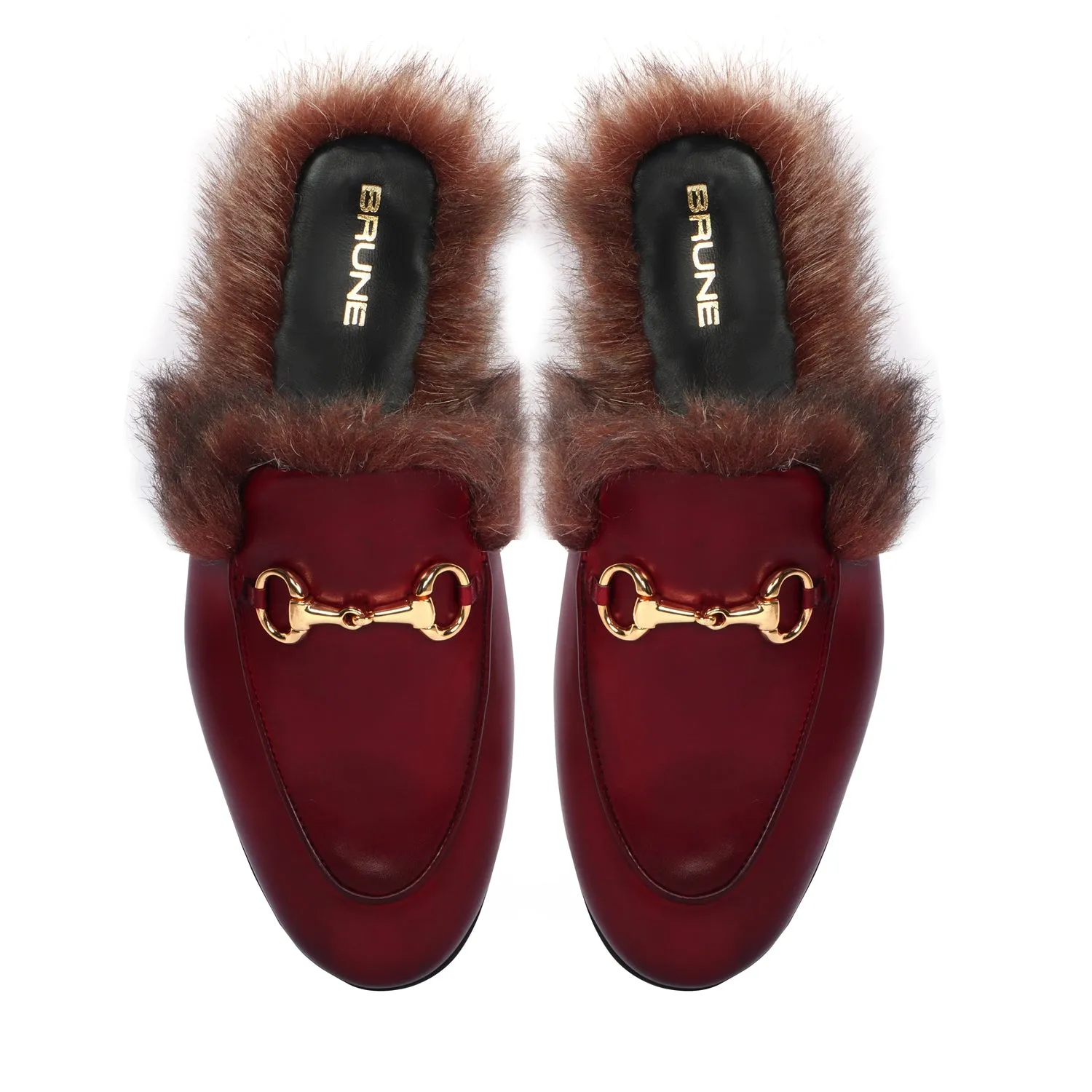 Furry Mules Light Weight Wine Leather Formal Horsebit Buckle With Slipper Opening at The Back (Summer Special) By Brune & Bareskin