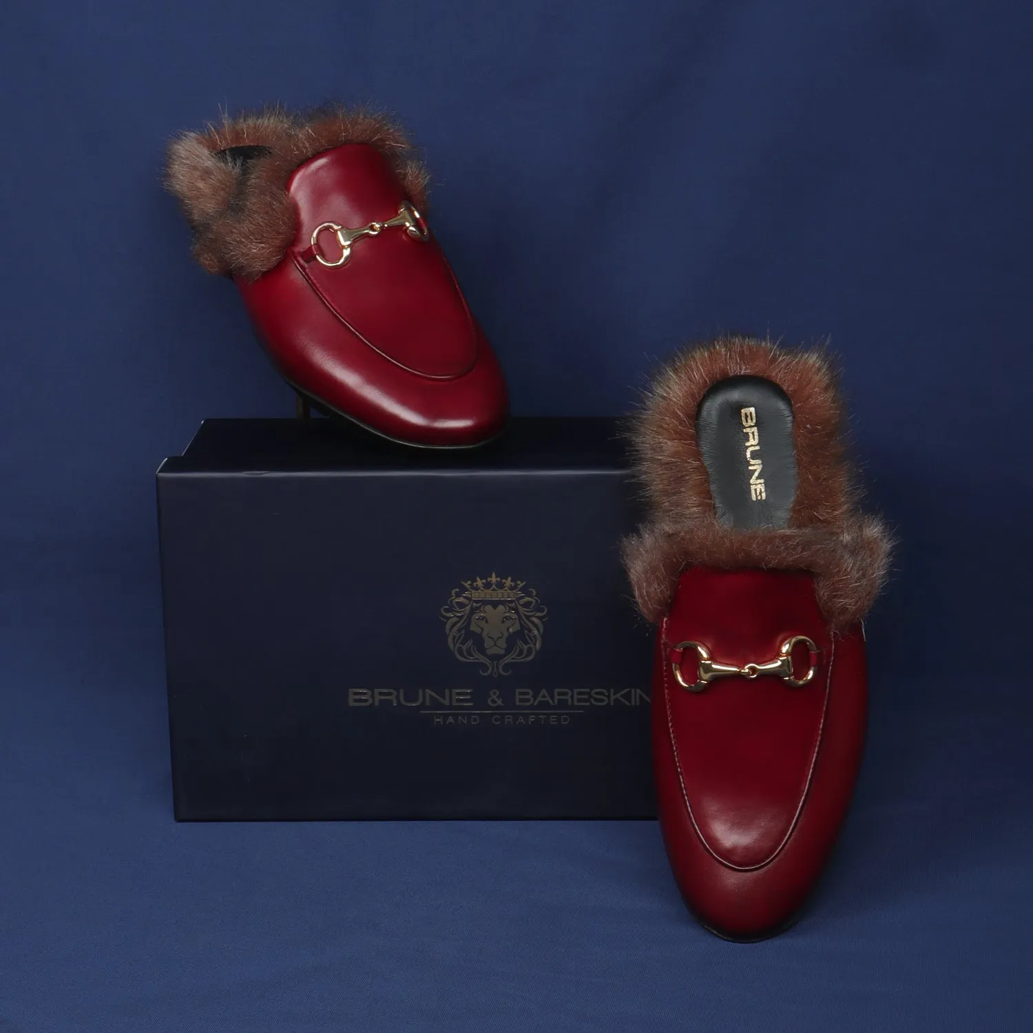 Furry Mules Light Weight Wine Leather Formal Horsebit Buckle With Slipper Opening at The Back (Summer Special) By Brune & Bareskin