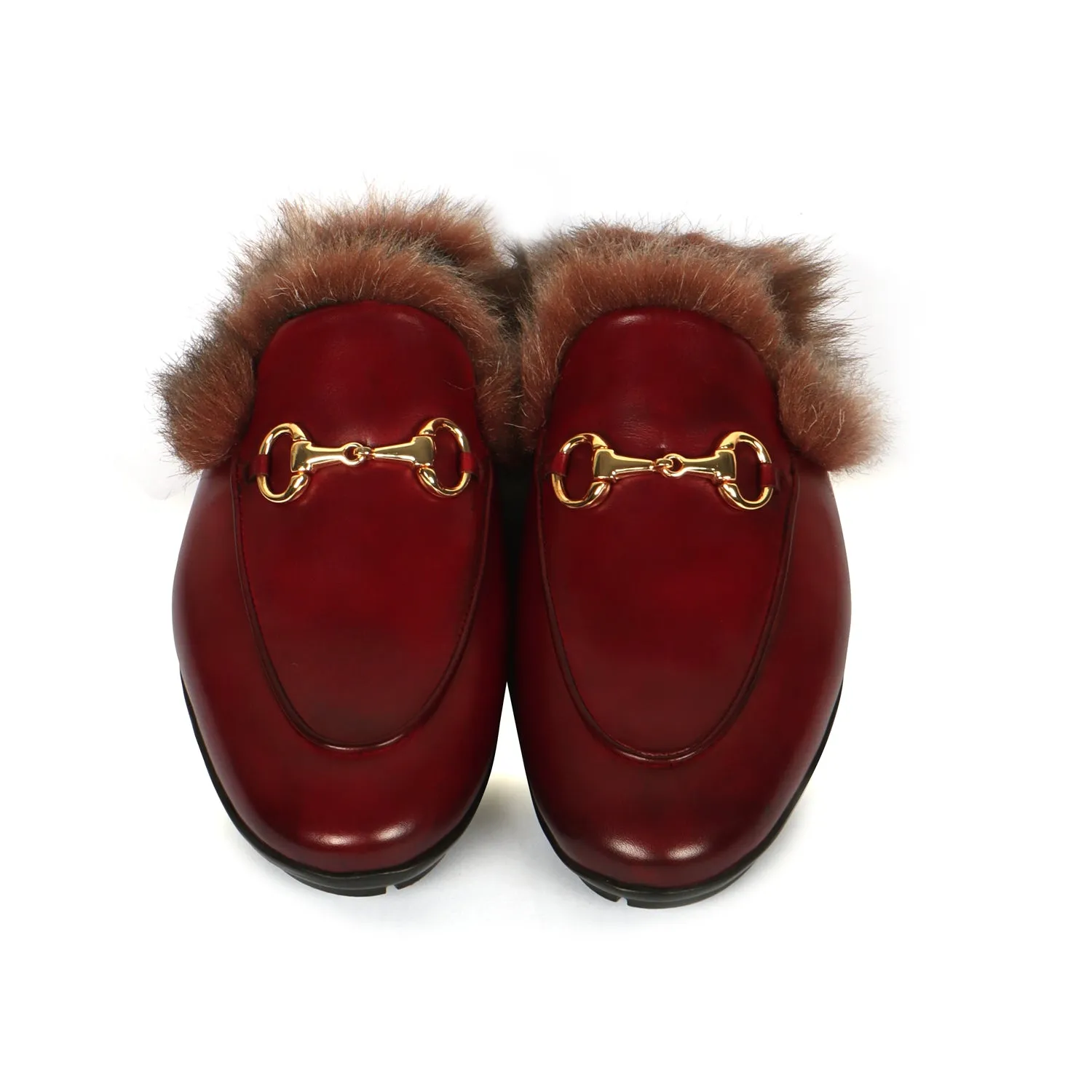 Furry Mules Light Weight Wine Leather Formal Horsebit Buckle With Slipper Opening at The Back (Summer Special) By Brune & Bareskin