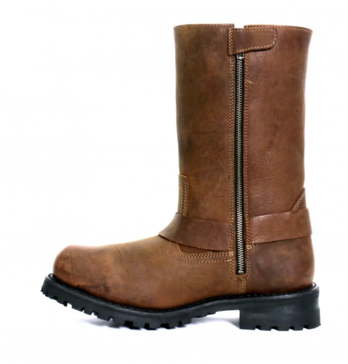 Genuine BROWN Leather  11" Tall Square Toe Engineer Boot w Zip BTM1001 BROWN