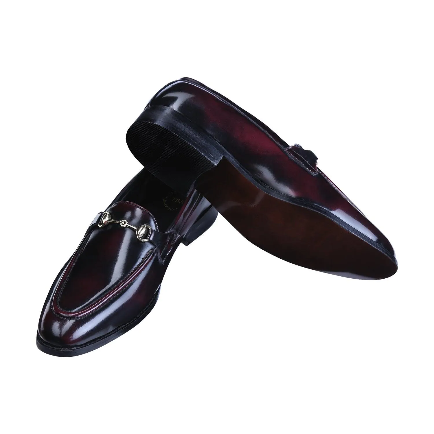 Henley Patent Cherry/Black Horsebit Buckle Loafers.