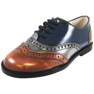 Hoo Shoes Abe's Boy's Brown Grey Navy Tri Color Leather Lace Up Oxford Loafer Shoes