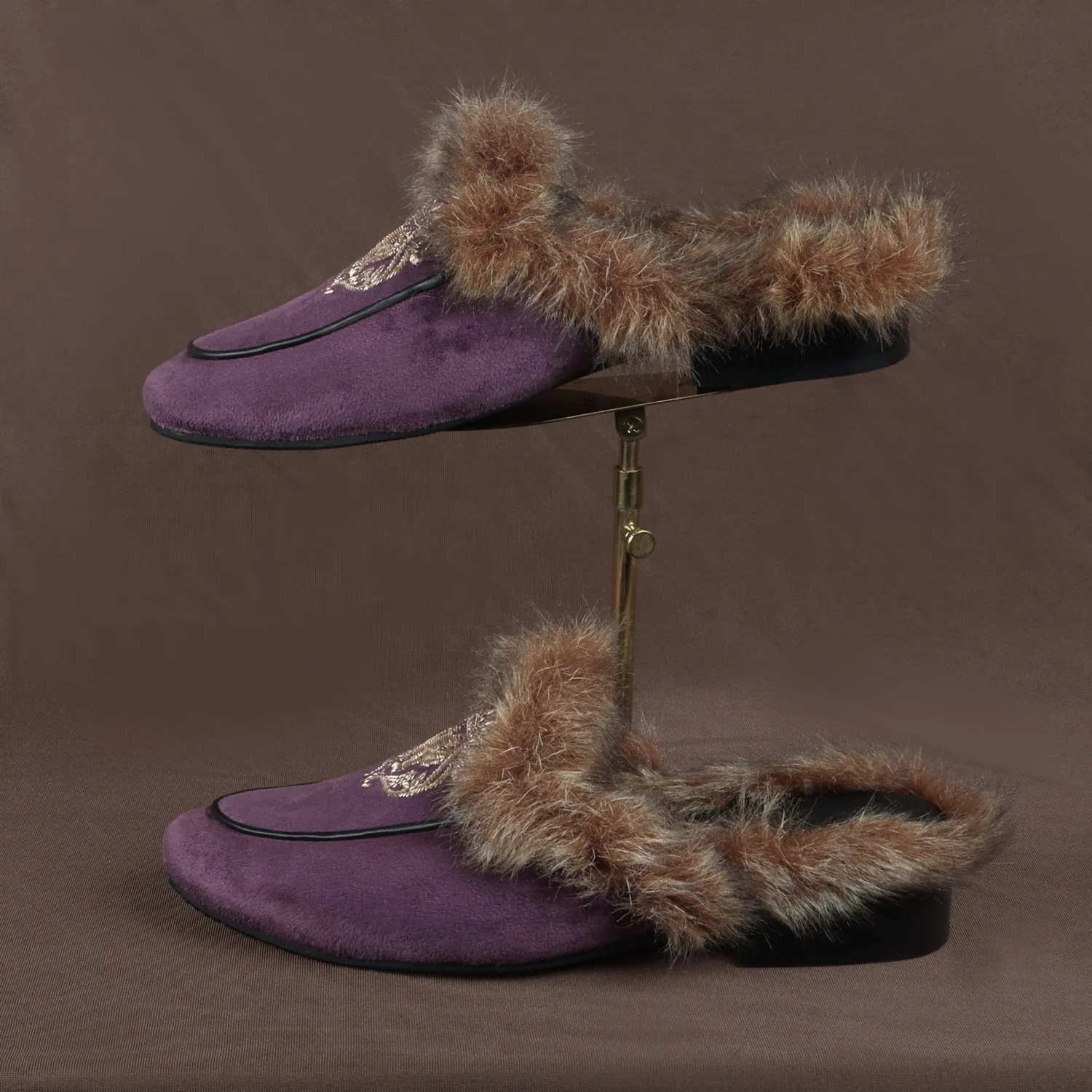 Italian Velvet Purple Furry Mules With Golden Lion Zardosi Embroidery By Brune & Bareskin