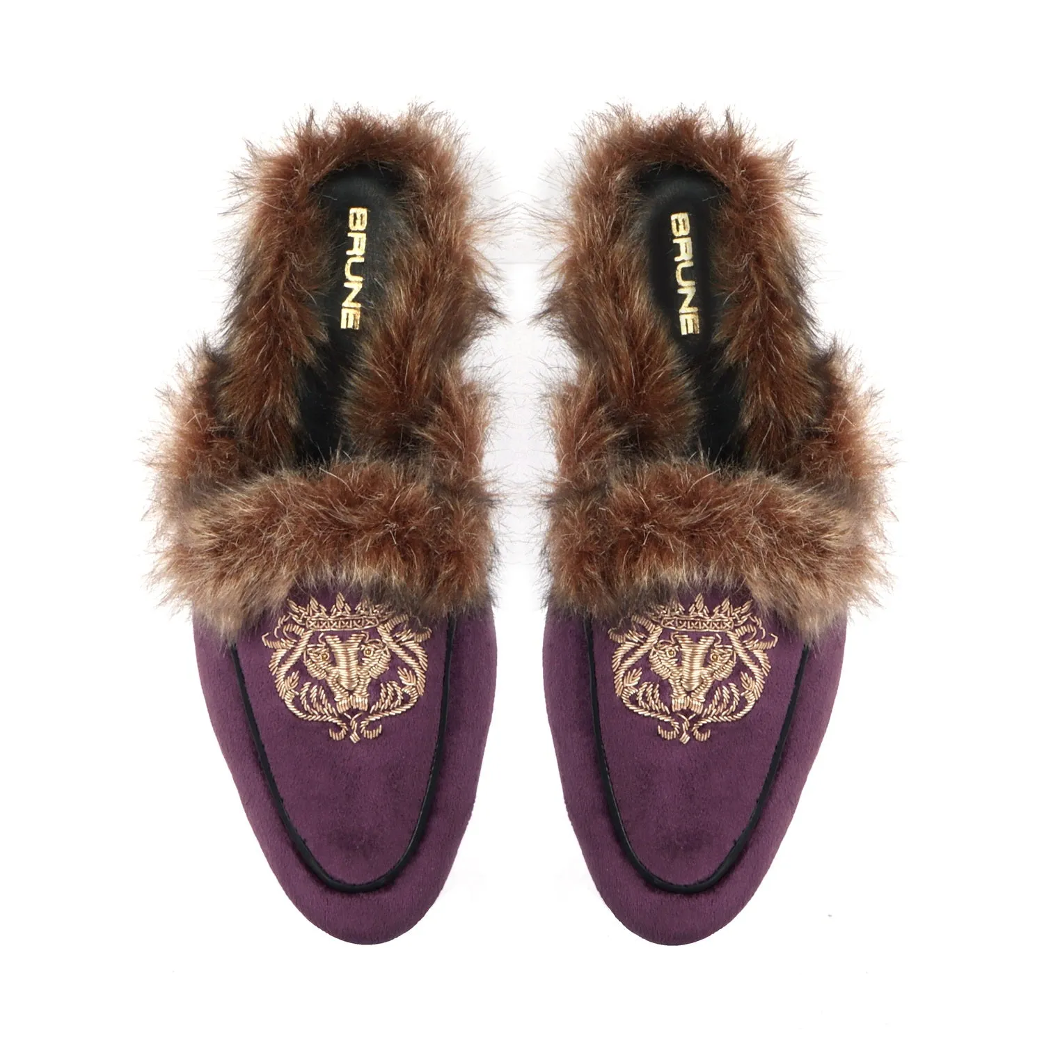 Italian Velvet Purple Furry Mules With Golden Lion Zardosi Embroidery By Brune & Bareskin