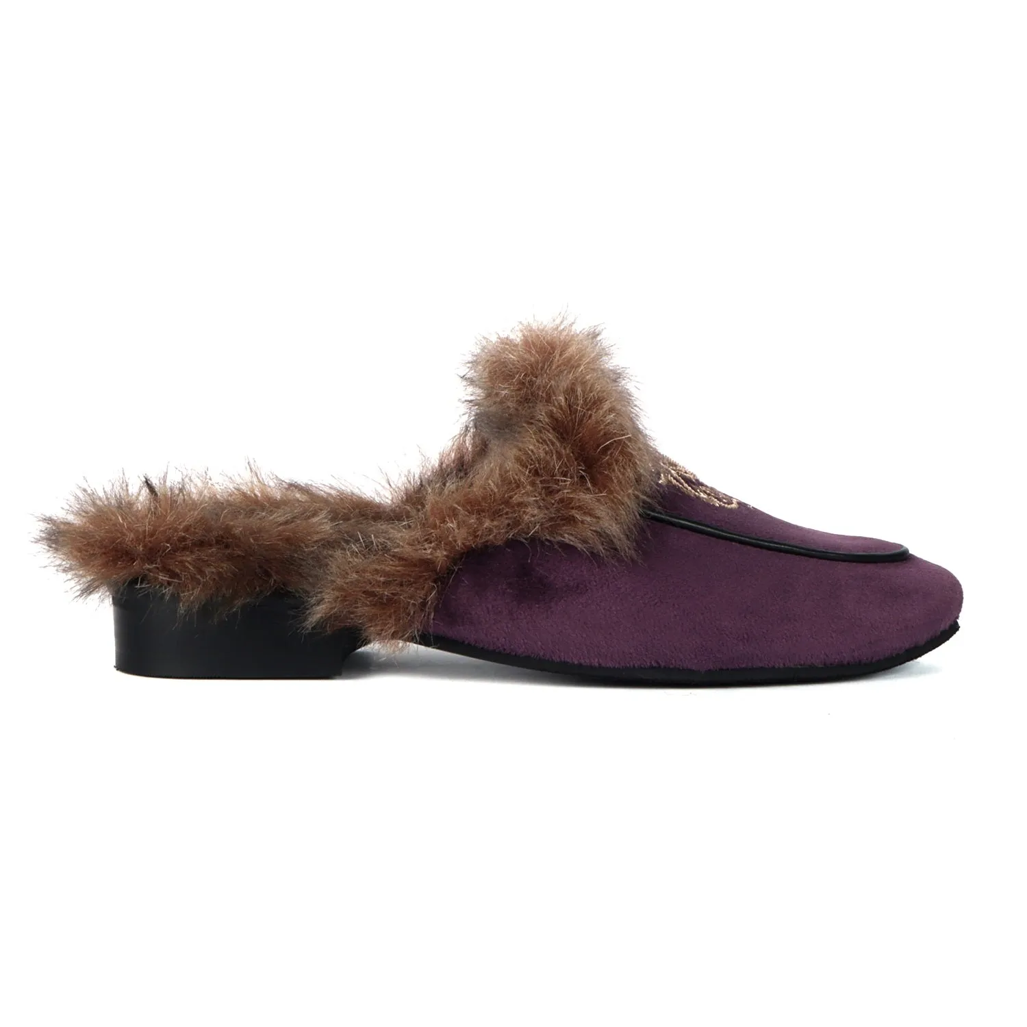 Italian Velvet Purple Furry Mules With Golden Lion Zardosi Embroidery By Brune & Bareskin