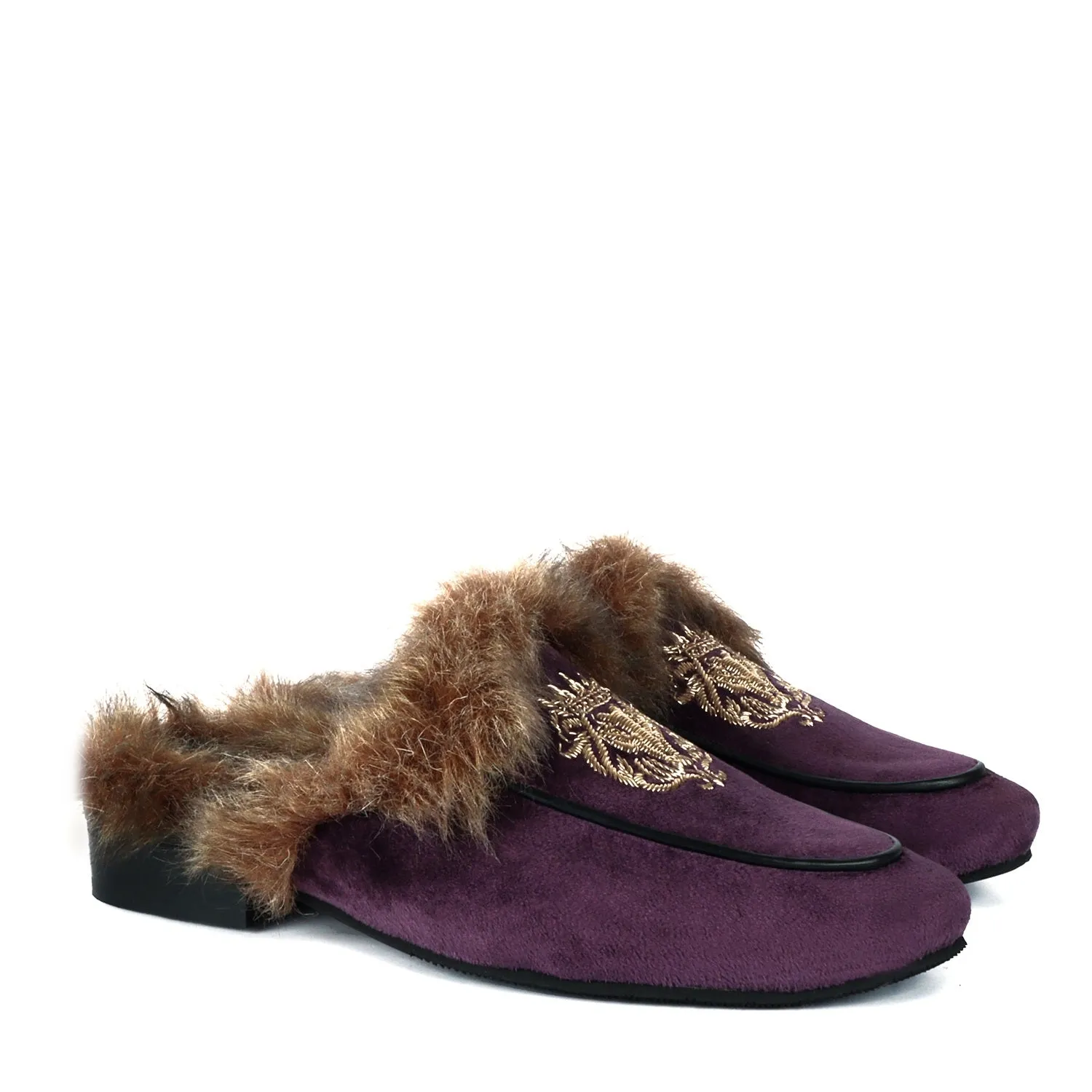 Italian Velvet Purple Furry Mules With Golden Lion Zardosi Embroidery By Brune & Bareskin