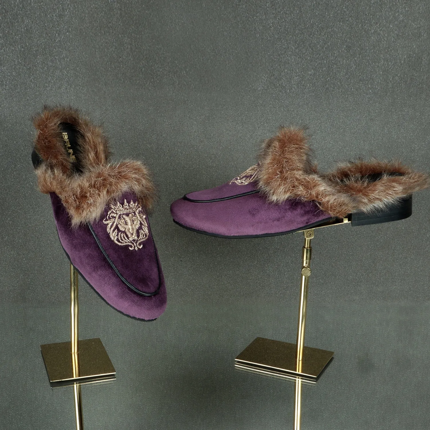 Italian Velvet Purple Furry Mules With Golden Lion Zardosi Embroidery By Brune & Bareskin