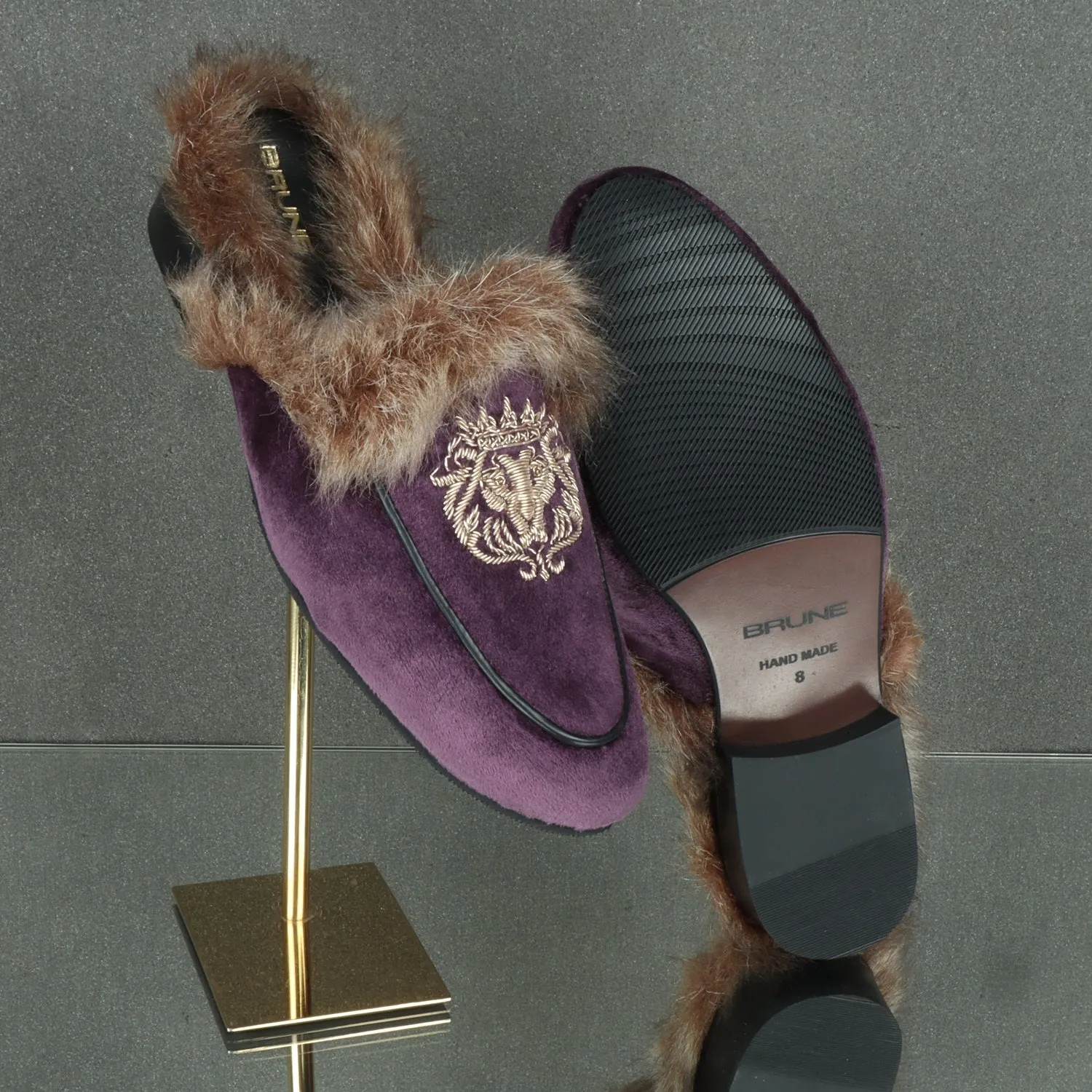 Italian Velvet Purple Furry Mules With Golden Lion Zardosi Embroidery By Brune & Bareskin