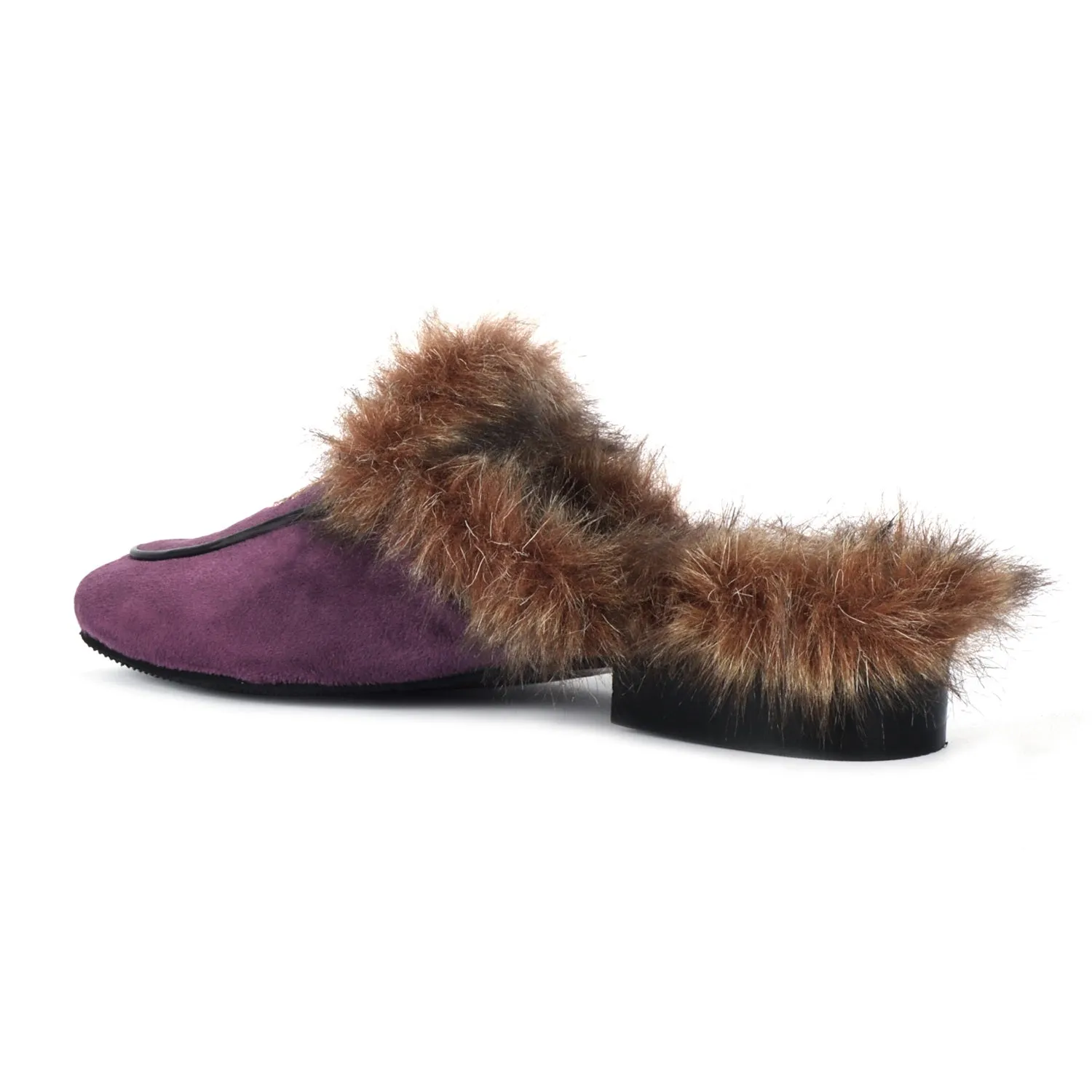 Italian Velvet Purple Furry Mules With Golden Lion Zardosi Embroidery By Brune & Bareskin