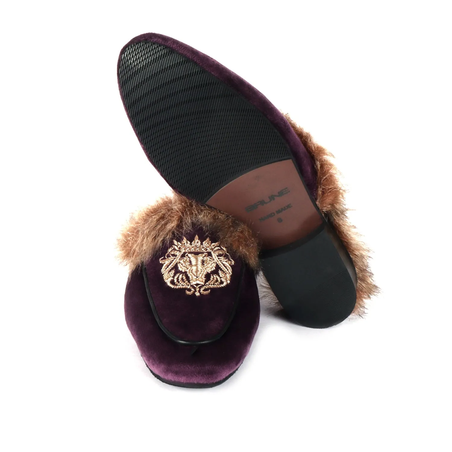 Italian Velvet Purple Furry Mules With Golden Lion Zardosi Embroidery By Brune & Bareskin