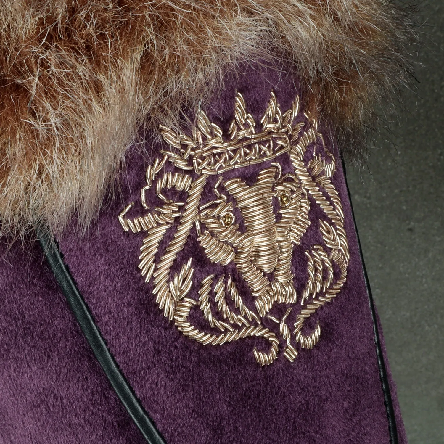 Italian Velvet Purple Furry Mules With Golden Lion Zardosi Embroidery By Brune & Bareskin