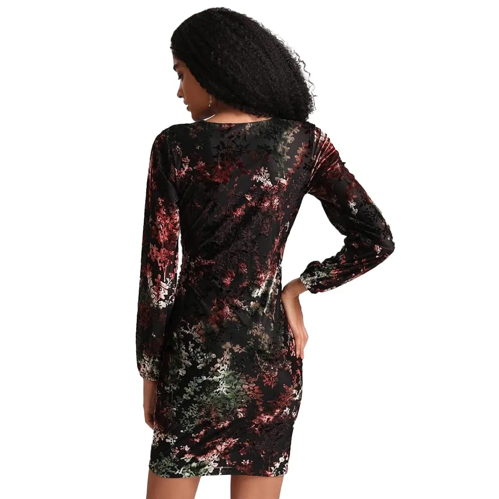 Kazo Floral Poly Blend V Neck Women's Mini Dress (Blackl)