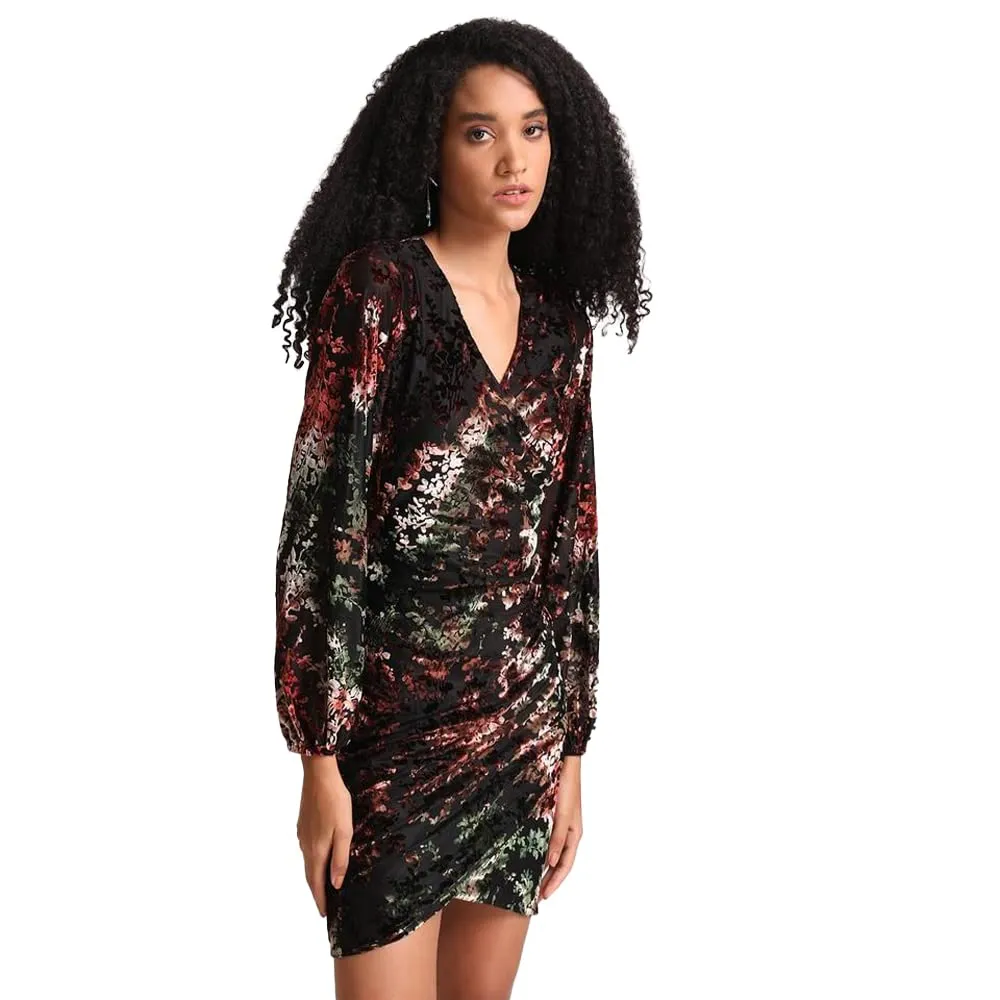 Kazo Floral Poly Blend V Neck Women's Mini Dress (Blackl)