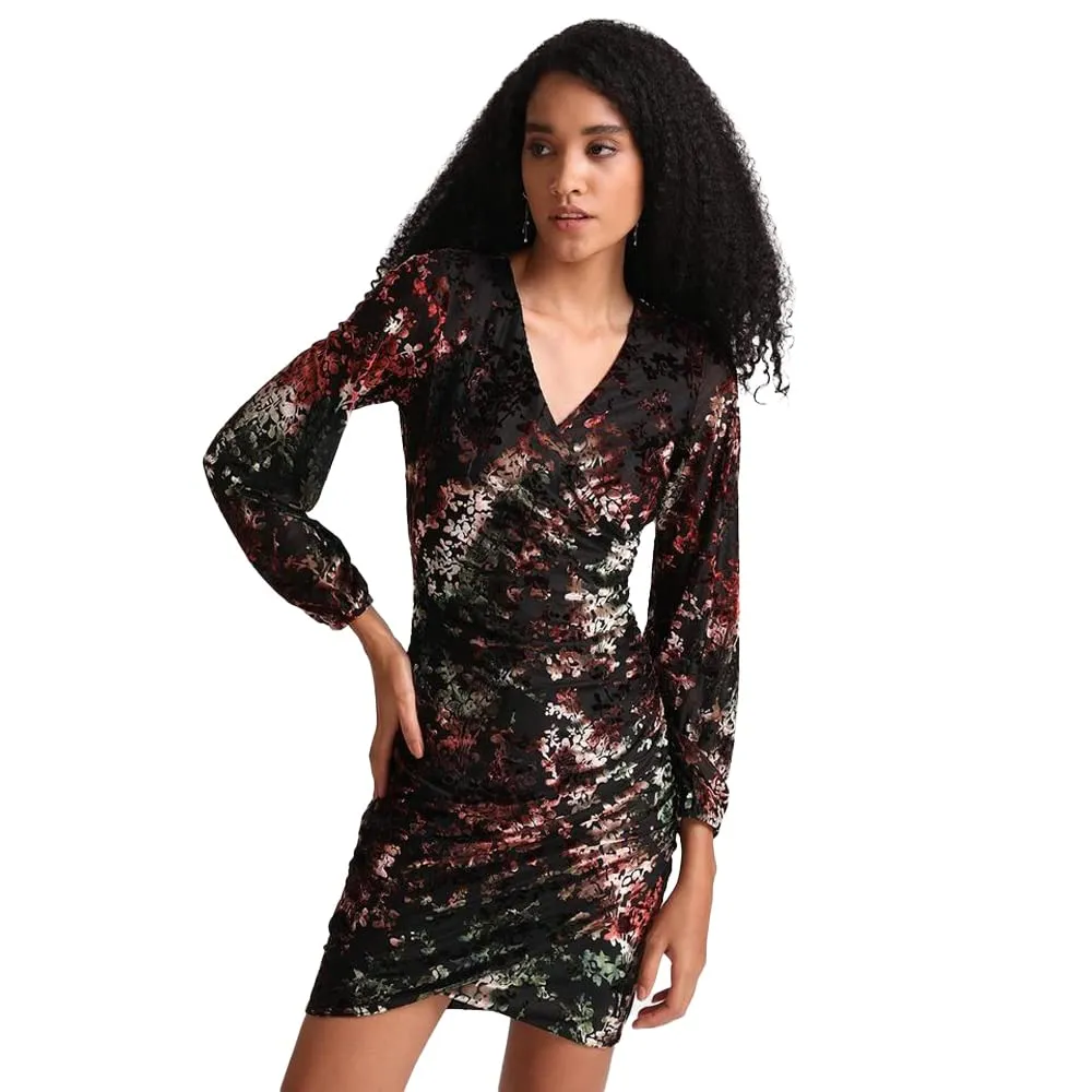 Kazo Floral Poly Blend V Neck Women's Mini Dress (Blackl)