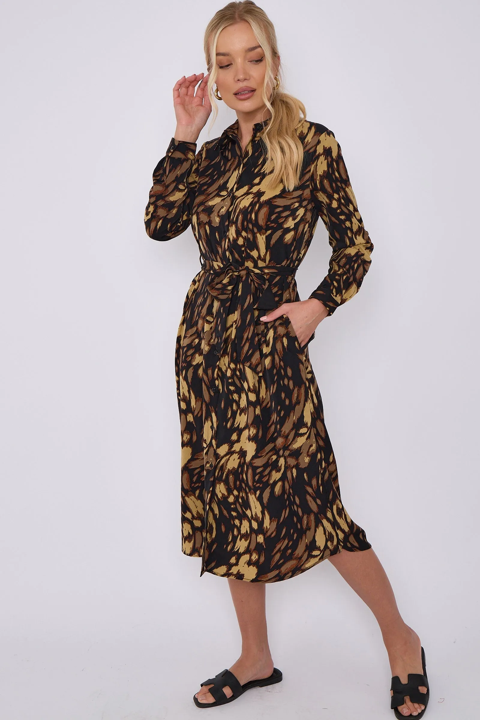 LOVE SUNSHINE Brown Leopard Print Long Sleeve Midi Shirt Dress