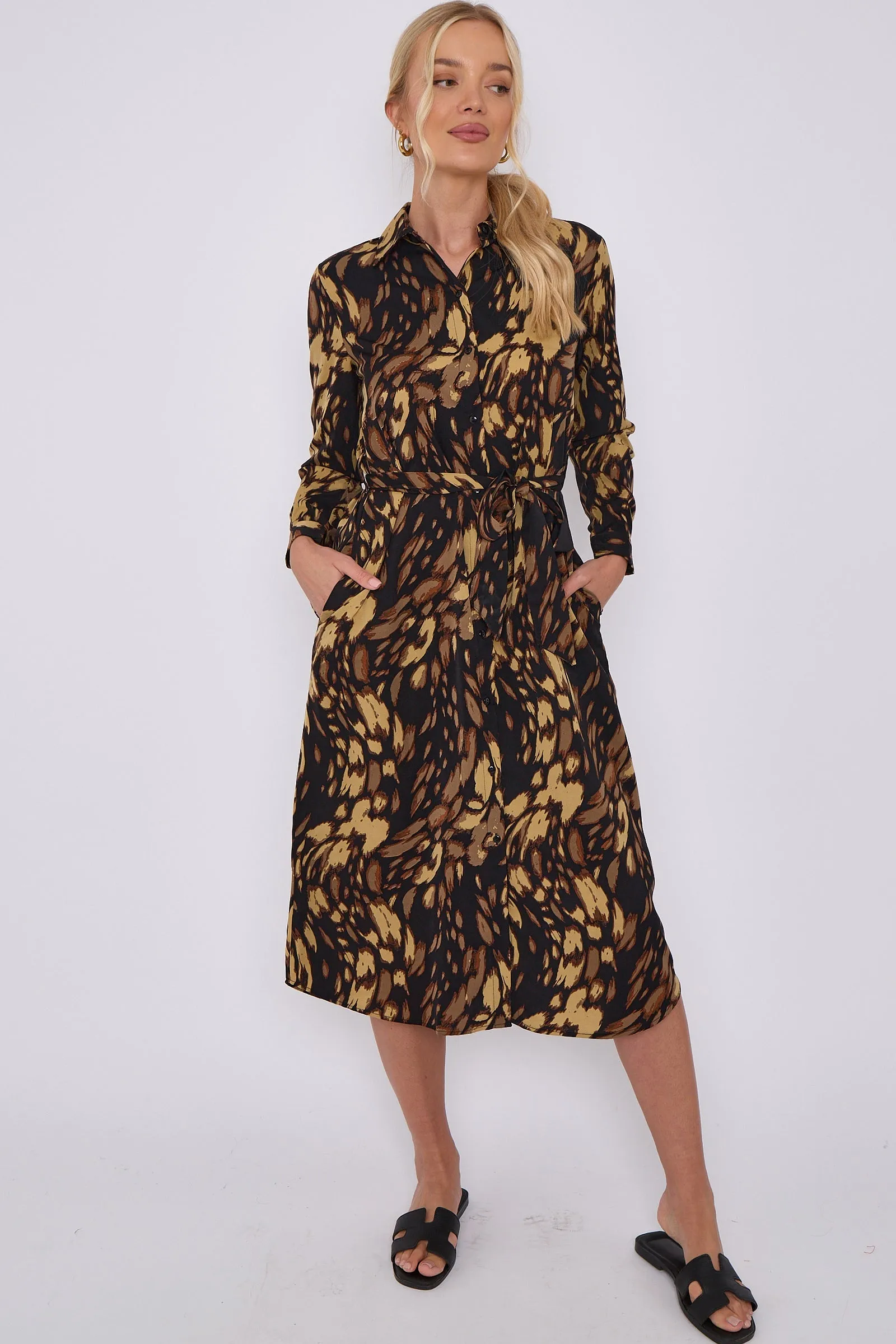 LOVE SUNSHINE Brown Leopard Print Long Sleeve Midi Shirt Dress