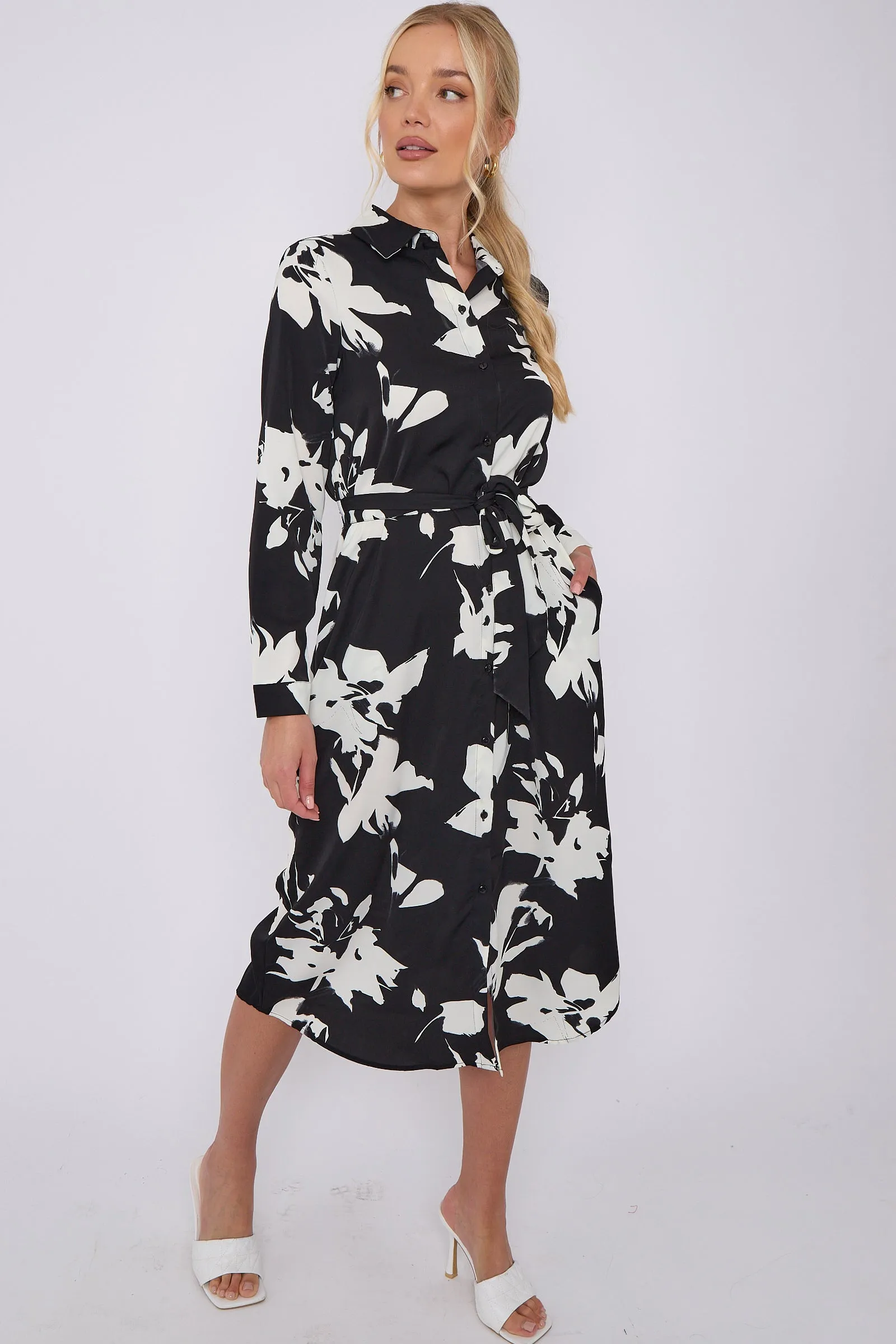 LOVE SUNSHINE Mono Floral Print Midi Shirt Dress