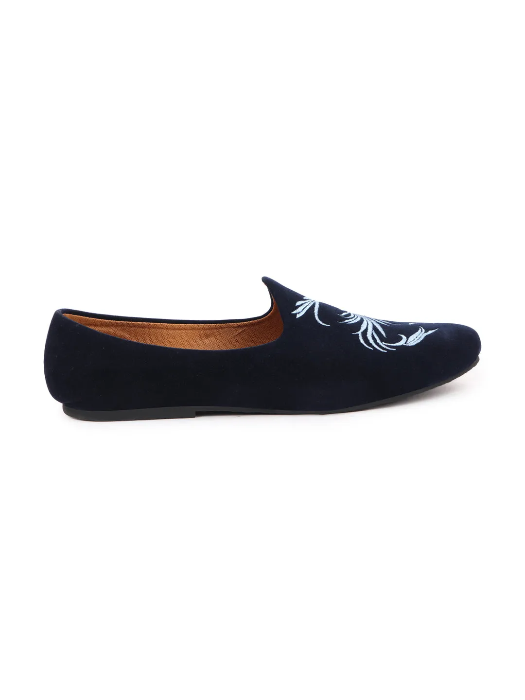 Men Blue Velvet Leaf Print Embroidery Slip On Party Loafers