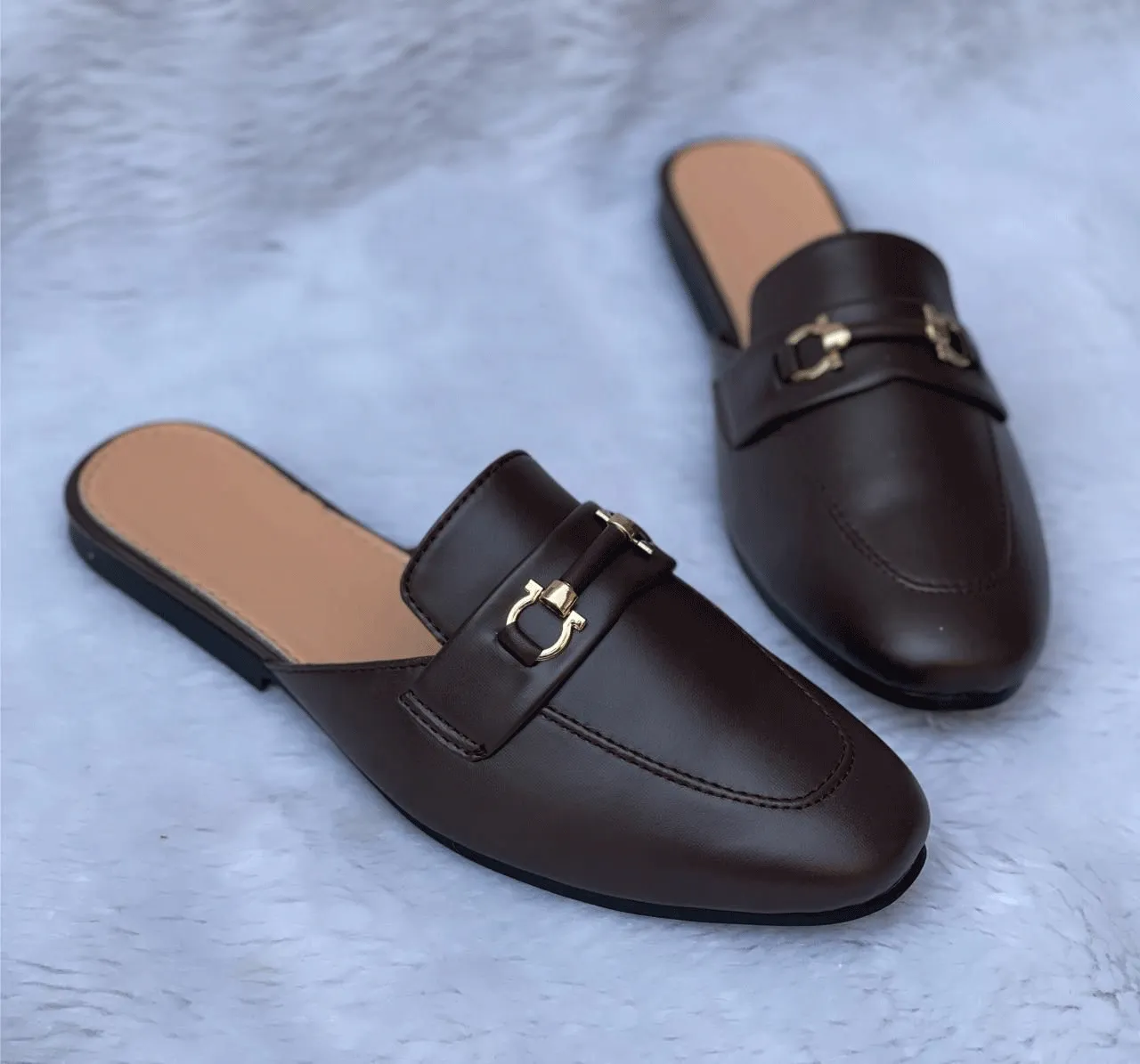 Men's Backless Slip On Mule Gold Buckle Loafers Shoes-JonasParamount