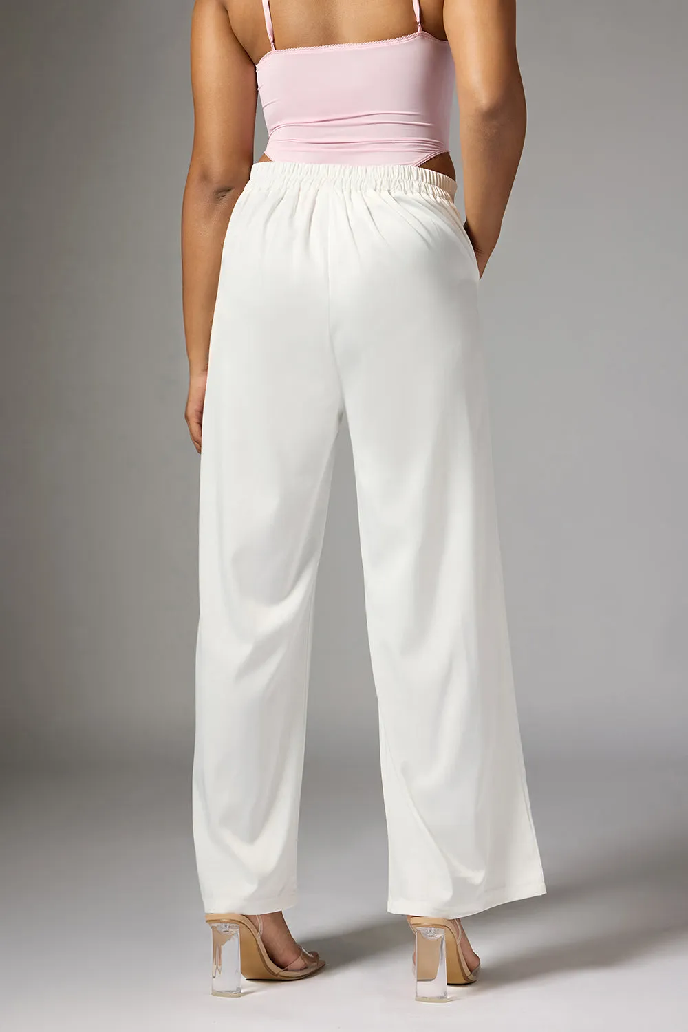 Off White Satin Straight Korean Pants