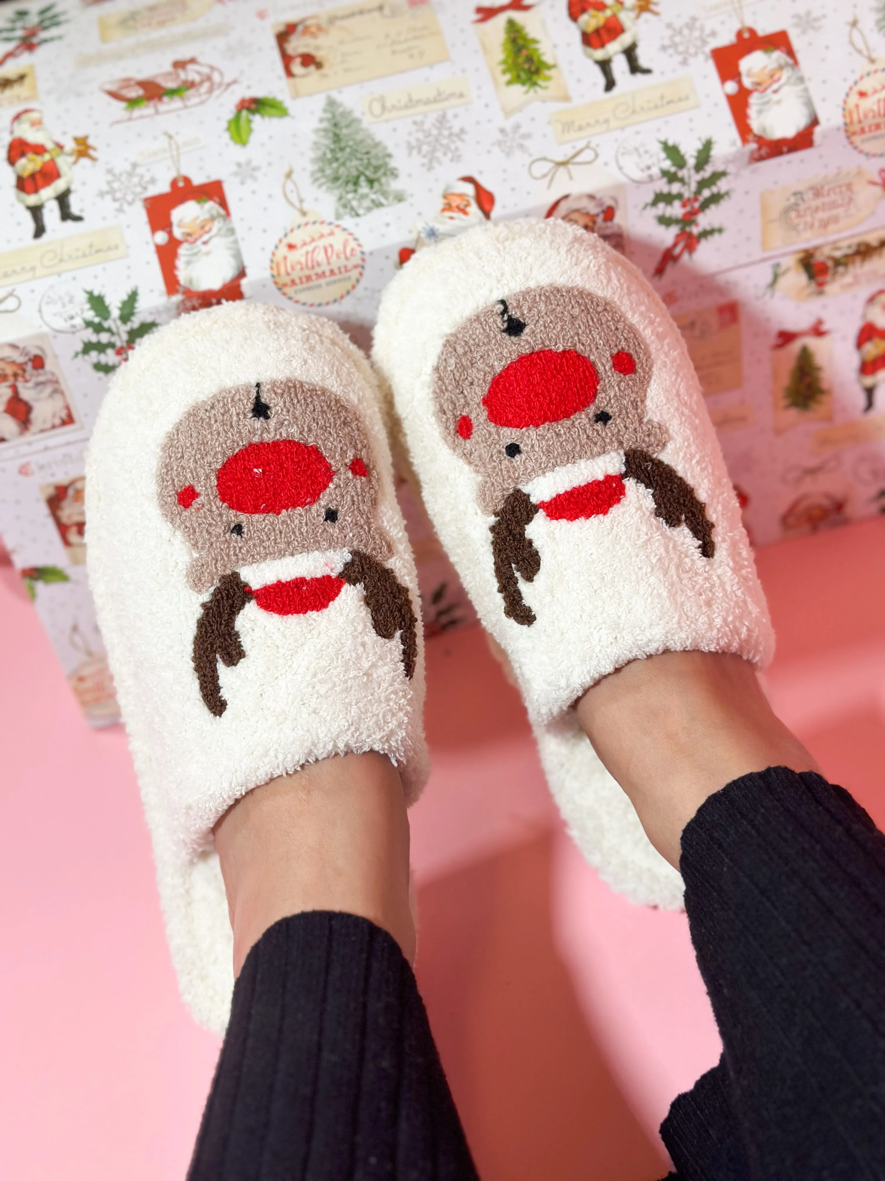 Reindeer Fuzzy Slippers - Red