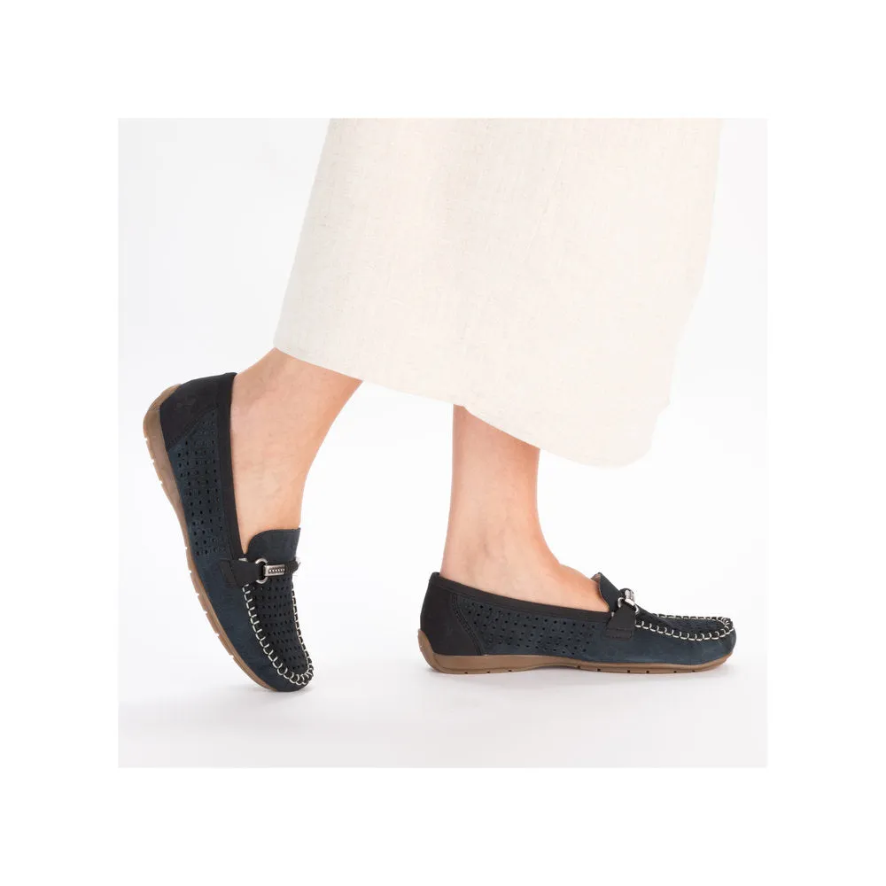 Rieker 40253-14 Ladies Navy Blue Leather Slip On Loafers