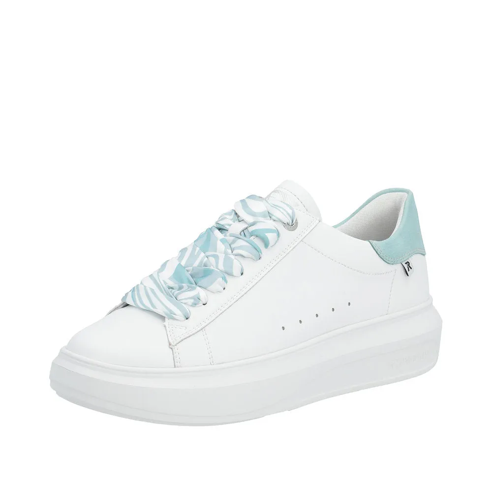 Rieker W1201-81 Adelia Ladies White & Light Blue Leather Lace Up Trainers