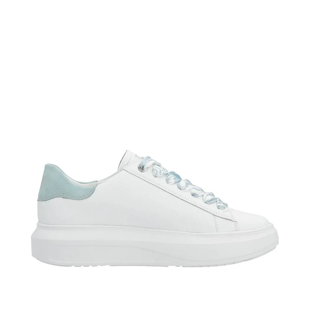 Rieker W1201-81 Adelia Ladies White & Light Blue Leather Lace Up Trainers