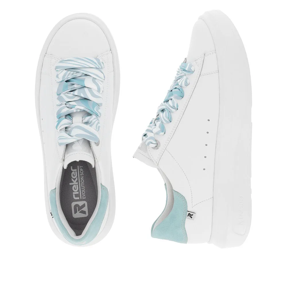 Rieker W1201-81 Adelia Ladies White & Light Blue Leather Lace Up Trainers