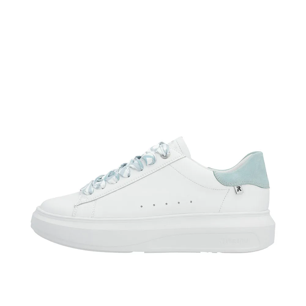 Rieker W1201-81 Adelia Ladies White & Light Blue Leather Lace Up Trainers